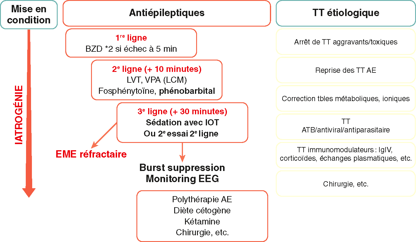 La prise en charge médicamenteuse de l’état de mal épileptique suit 3 étapes : benzodiazépines (1ère ligne), antiépileptiques (2ème ligne), sédation ou traitements spécifiques (3ème ligne).