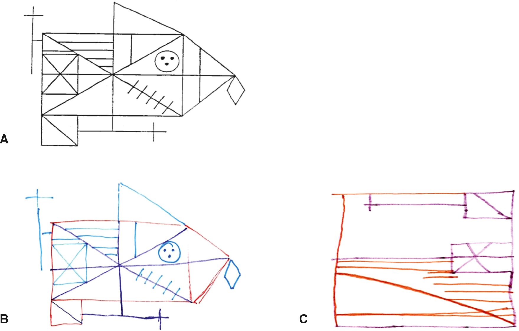 L'image présente trois dessins de la figure de Rey : l'original (A), une copie légèrement modifiée (B) et une copie déformée (C), servant à évaluer la mémoire visuelle.