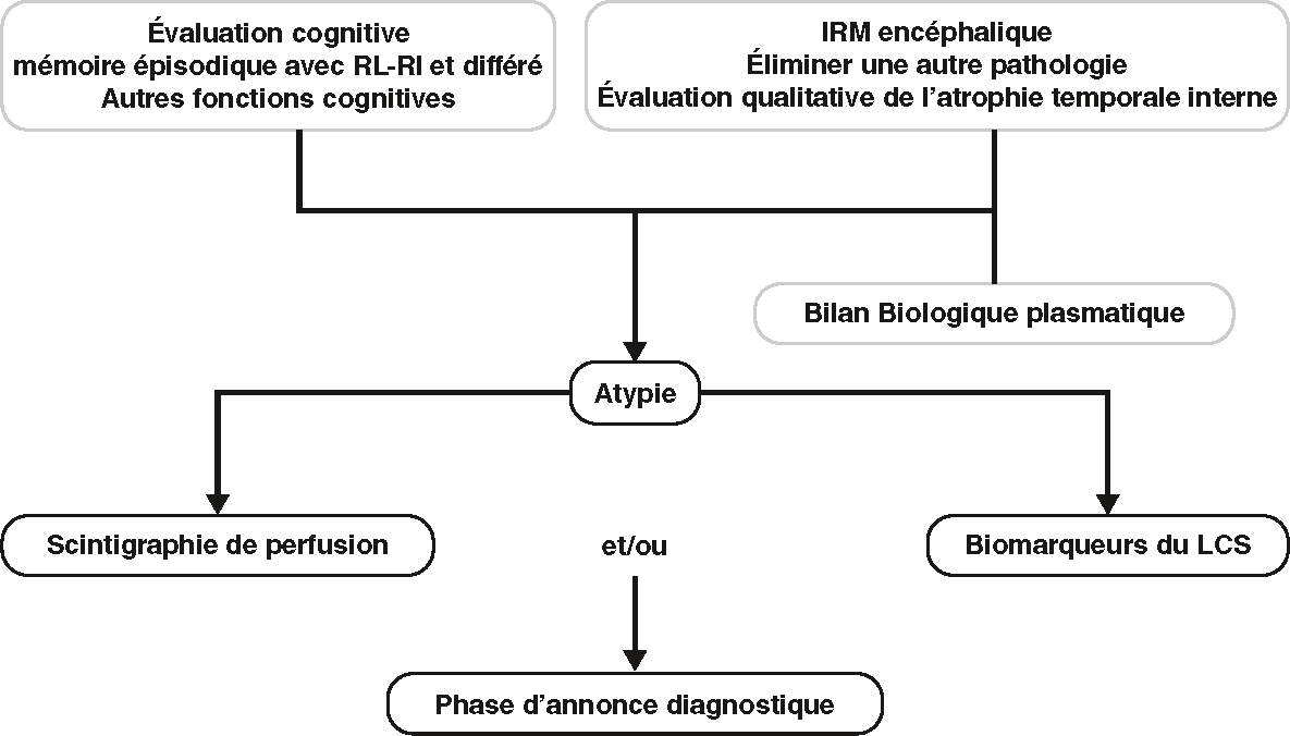 L'algorithme décisionnel évalue les troubles cognitifs en combinant évaluation cognitive, IRM et bilans biologiques, menant à un diagnostic précis via des tests complémentaires.