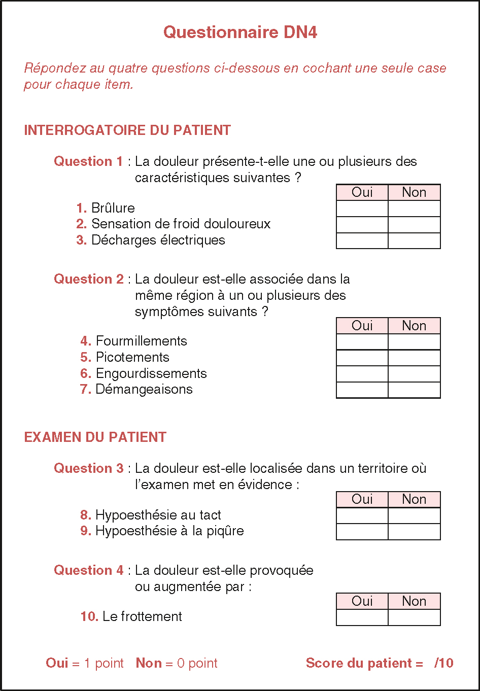 Le Questionnaire DN4 évalue la douleur neuropathique via 4 questions, chaque Oui valant 1 point, pour un score total de 10. Cela aide à diagnostiquer et traiter cette douleur.