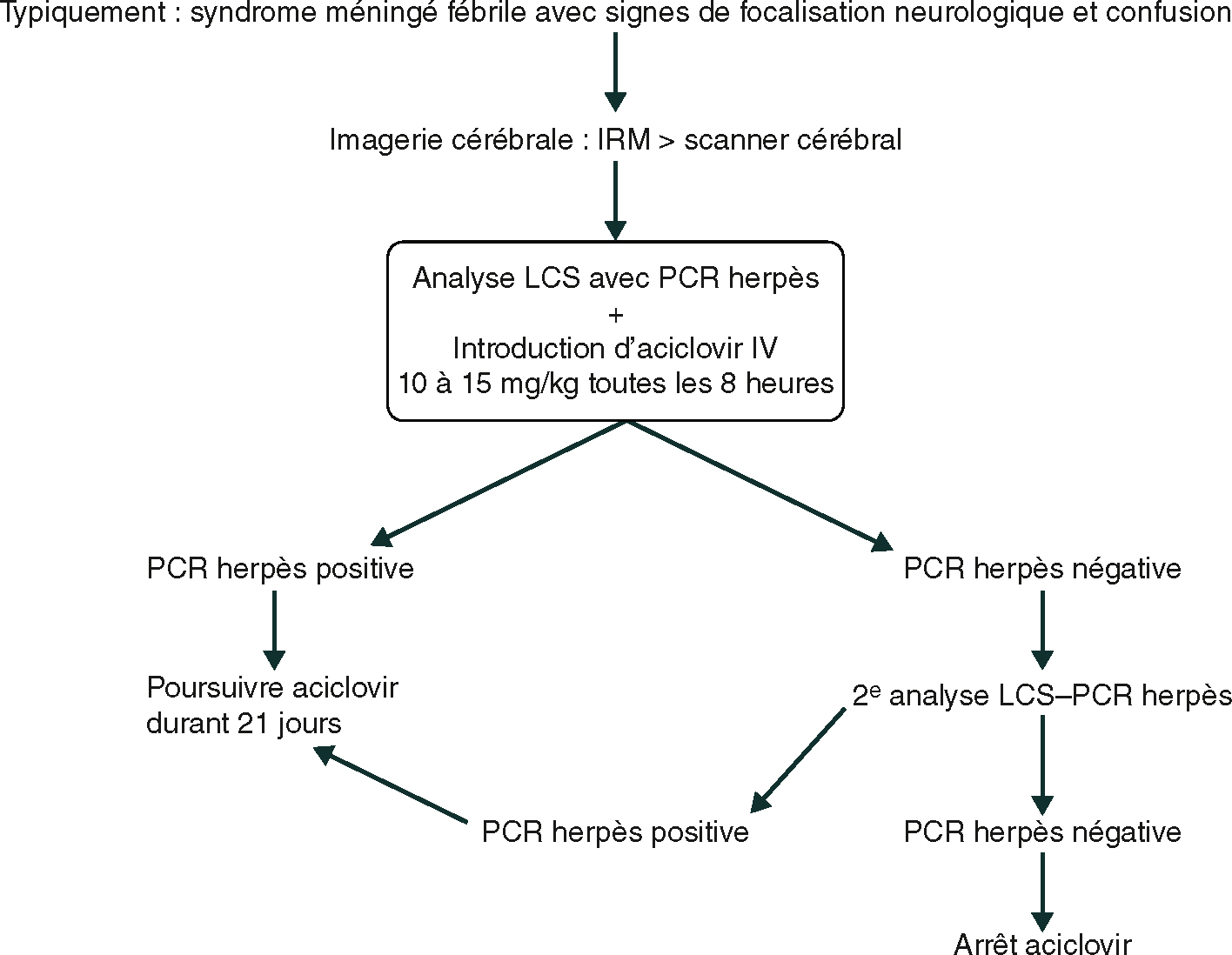 L'algorithme de prise en charge d'une suspicion d'encéphalite inclut une IRM cérébrale, une ponction lombaire, une PCR pour le virus de l'herpès, et un traitement par aciclovir.
