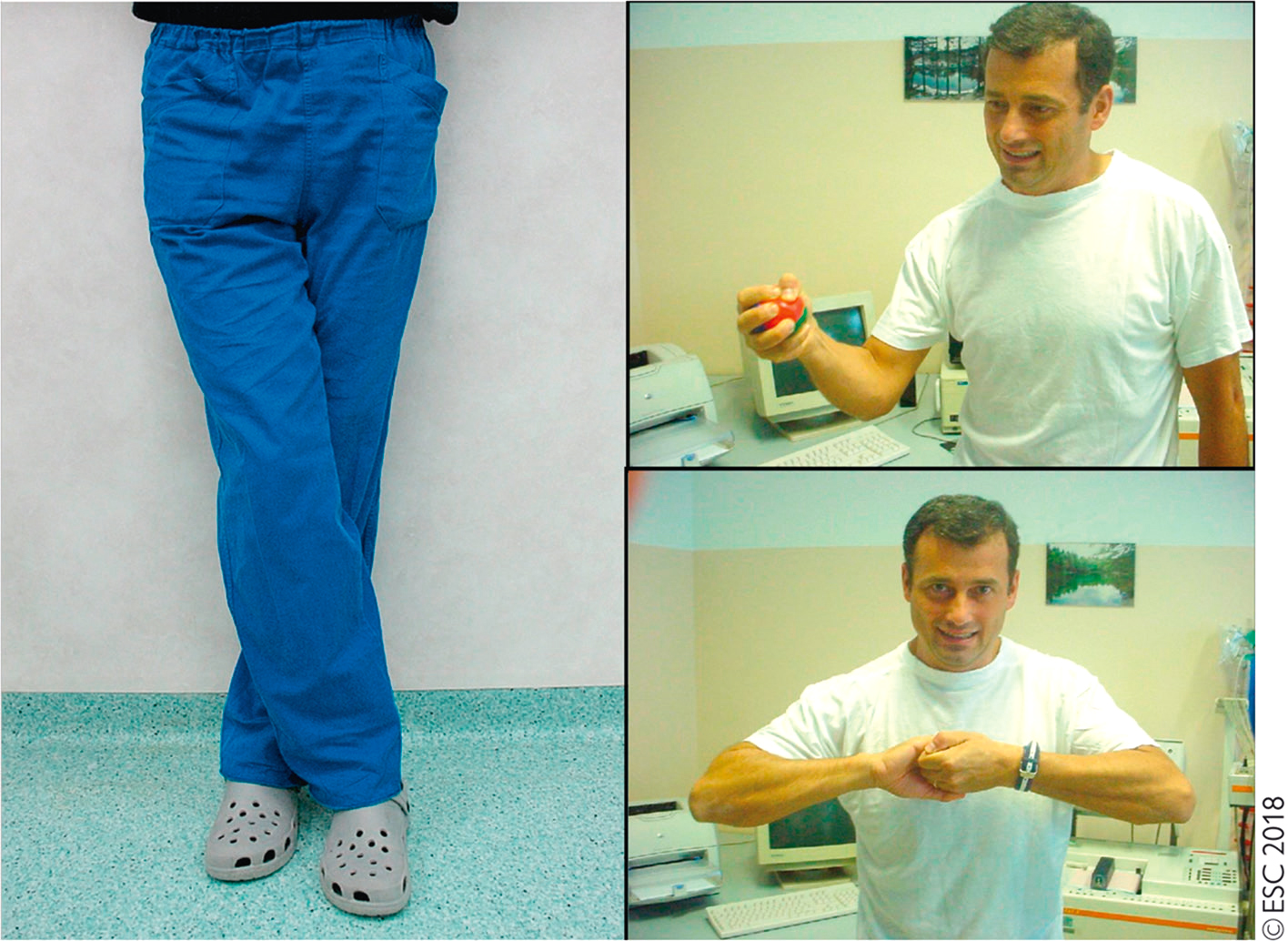 L'image montre trois exercices de contractions isométriques : à gauche, une contraction des jambes pour maintenir l'équilibre; à droite, une pression sur une balle et une poussée des paumes.