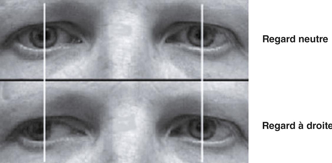 L'image montre deux paires d'yeux avec des lignes indiquant la direction du regard : Neutre et À droite, illustrant les mouvements oculaires et leur rôle dans la communication.